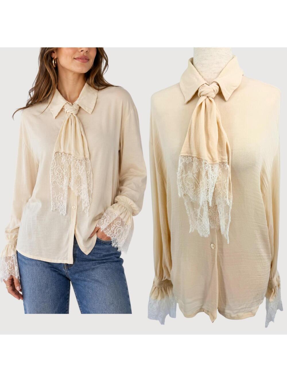 Vintage Ellen Tracy Silk Lace Tie Neck Blouse Size 6